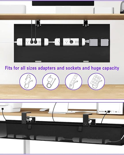 No Drill Under Desk Cable Management Tray, 36" Cord Organizer for Table, Clamp/Screw Mount Desk Cable Management, Premium Fabric Cable Management Tray for Office, Home（Black/2set）