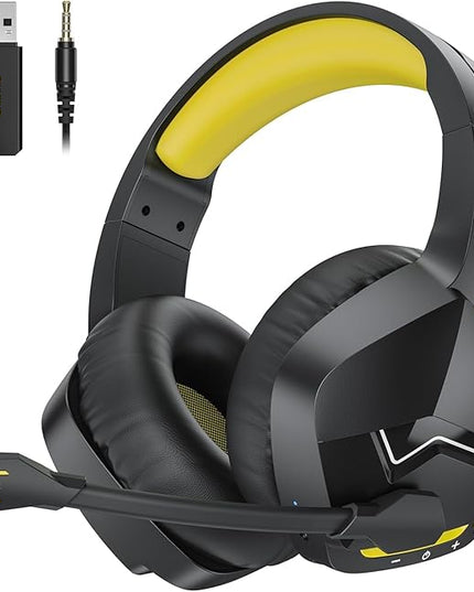 BINNUNE 2.4GHz Wireless Gaming Headset, Bluetooth 5.3 Gaming Headphones with Noise Canceling Mic, 120H Ultra-Long Battery, 50mm Drivers, Multi-Platform for PC / PS5 /PS4/ Switch/Mobile, Yellow