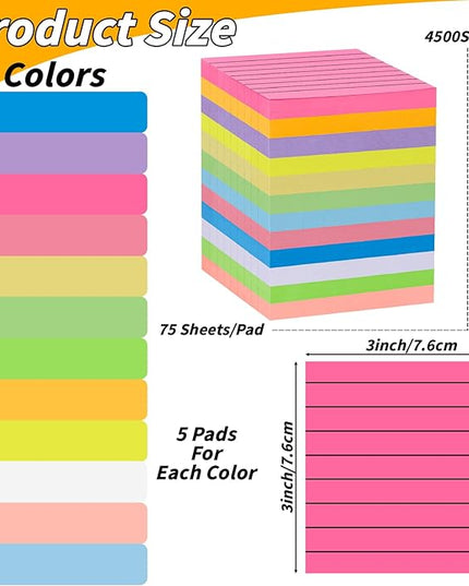 60 PCS Lined Sticky Notes 3x3In Colorful Sticky Notes 75 Sheets/Pad 12 Colors,Bright Ruled Post Stickies Multicolor Memo Note Pads for Teacher Student School Office Meeting Blank Desk Pads,4500 Sheets