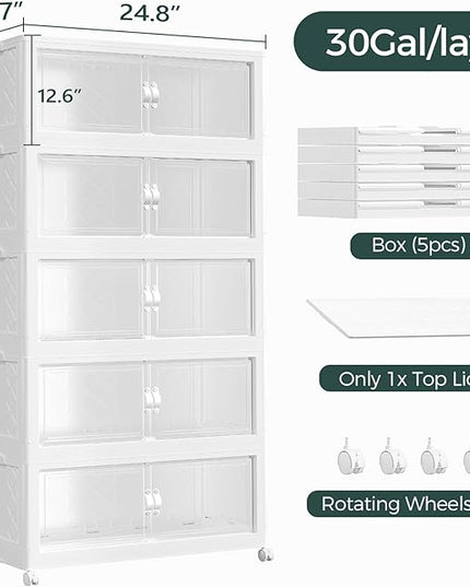600QT Extra Large Stackable Storage Bins with Lid, 150Gal Collapsible Storage Box with Wheels and Doors, Plastic Closet Organizer and Storage Cabinet for Home Kitchen Office Dorm, 5Pack White