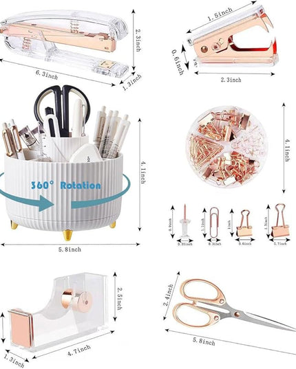 Desk Organizers and Accessories Set with 360-Degree Rotating Pen Holder, Acrylic Stapler, Tape Holder, Staple Remover, Binder/Paper Clips Kit, Scissor and 1 Box of Staples