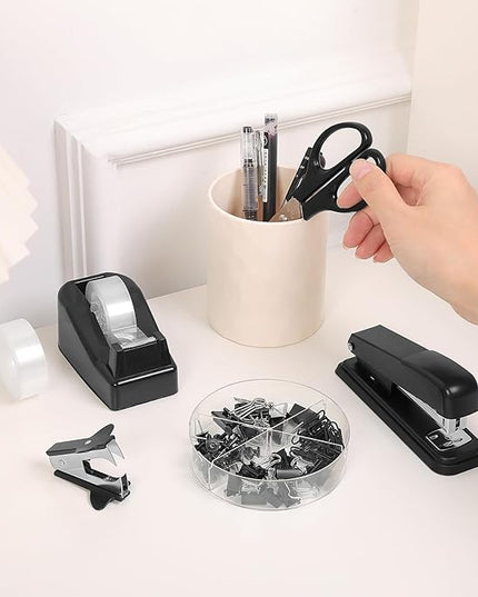 SKYDUE Black Office Supplies Set, Black Desk Accessories, Stapler, Tape Dispenser, Scissors, Binder/Paper Clips and 1000pcs Staples, Desk Supplies Set