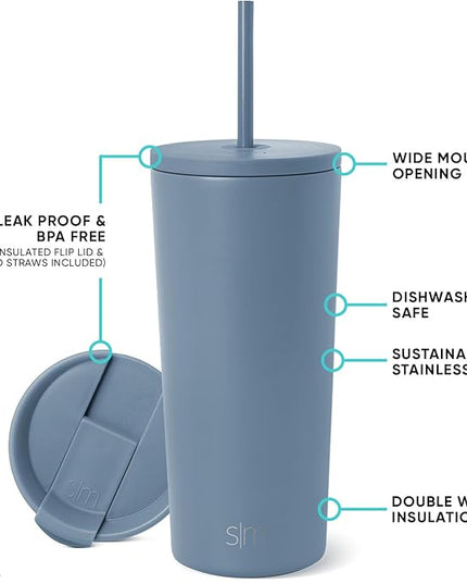Simple Modern Insulated Tumbler with Lid and Straw | Iced Coffee Cup Reusable Stainless Steel Water Bottle Travel Mug | Gifts for Women Men Her Him | Classic Collection | 20oz | Blue Dune