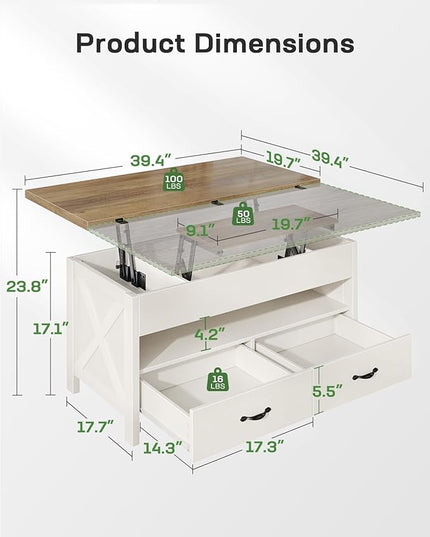 Marsail 40" Lift Top Coffee Table, 4 in 1 Coffee Table with Hidden Compartment, 1 Open Shelf and 2 Drawers, Multifunctional Farmhouse Center Table for Living Room and Home Office, Brown and White