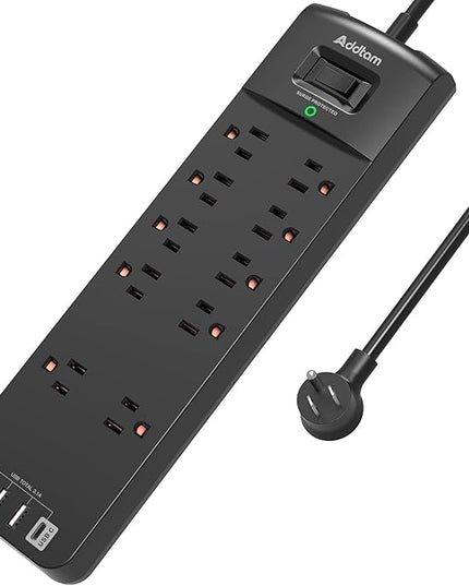 Addtam 15FT Long Power Strip, Surge Protector with 10 Outlets and 4 USB Ports, Extension Cord with Flat Plug, 2700 Joules, ETL Listed, Black
