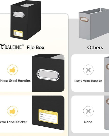 BALEINE File Organizer Box, Cardboard File Folder Organizer with Handle for Letter Size, Portable Collapsible Hanging Filing Box for Home Office Document Storage (4 Pack, Black)