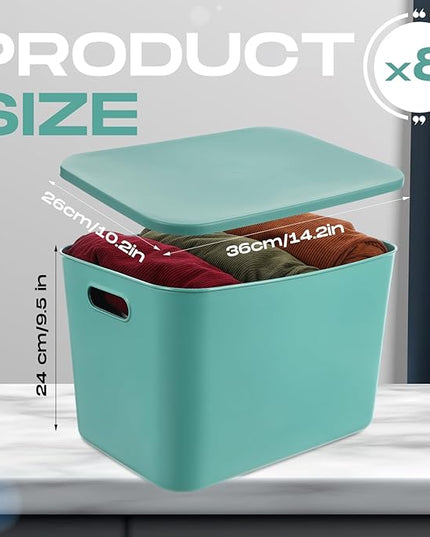 Hoolerry 8 Pieces Colorful Storage Bins with Lid, Plastic Storage Basket Organizing Container Stackable Box with Handle for Shelves Desktop Playroom Office(14.2 x 10.2 x 9.5 Inch,Green and Yellow)