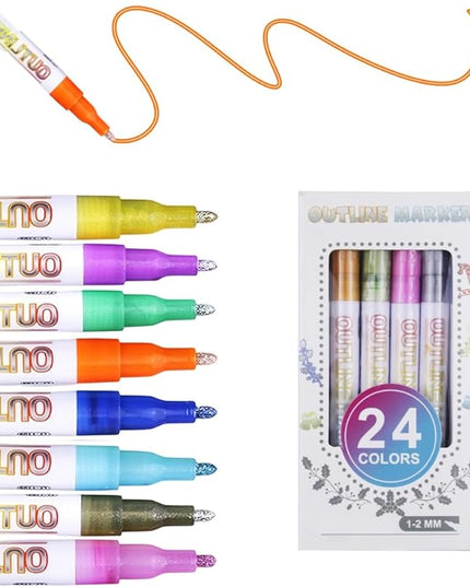 Dual-Line Highlighter, Double Line Outline Pen Sparkle Markers Colorful Art Pens for Writing, Scrapbooking, Coloring and, Journal Drawing, Greeting Cards (24 pcs)