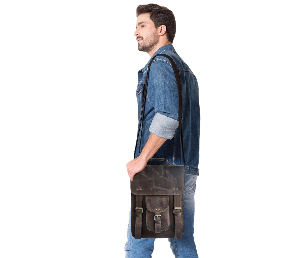 jaald 15" Top-Grain Buffalo Leather Messenger Bag – Vegetable-Tanned Vintage Laptop Satchel, Fits up to 15.6" Laptops, Handmade Crossbody Briefcase Shoulder Bag for Men, Dark Brown