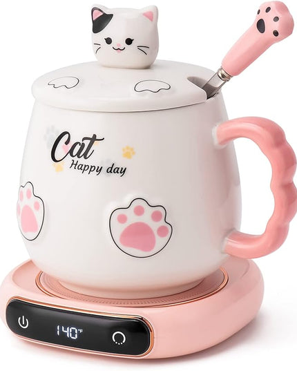 Bgbg Coffee Mug Warmer & Cute Cat Mug Set, Beverage Cup Warmer for Desk Home Office with Three Temperature Up to 140℉/ 60℃, Coffee Warmer for Cocoa Milk Tea Water Candle, 8 Hours Auto Shut Off