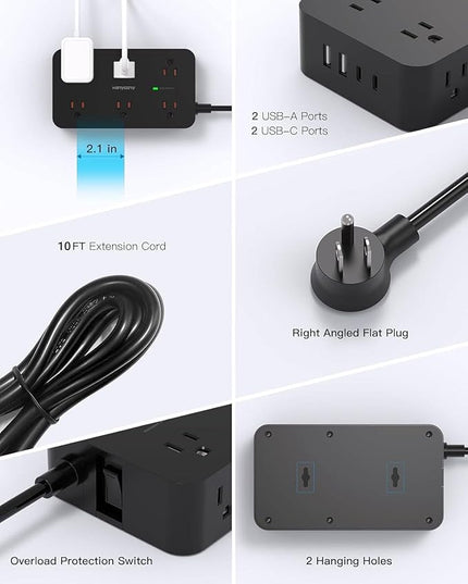 Black Flat Extension Cord 10 Ft, HANYCONY Power Strip Surge Protector with 12 Outlets 4 USB Ports(2 USB C), 1800J, Wall Mount, Desk Charging Station for Office Home College Dorm Room Essentials