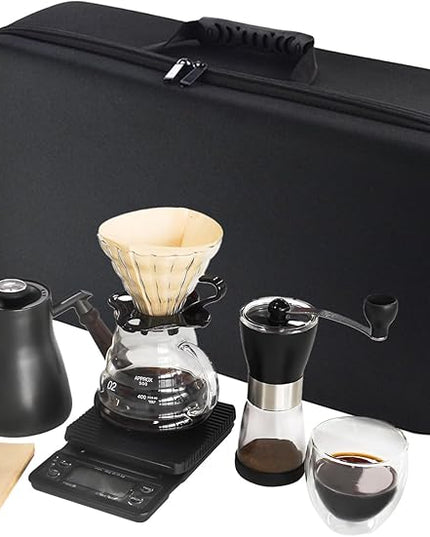 Pour Over Coffee Maker Set, Portable coffee Set - Manual Coffee Grinder, Coffee Dripper Set, Gooseneck Kettle，two cups, suitable for Camping, RV, Home, and Office
