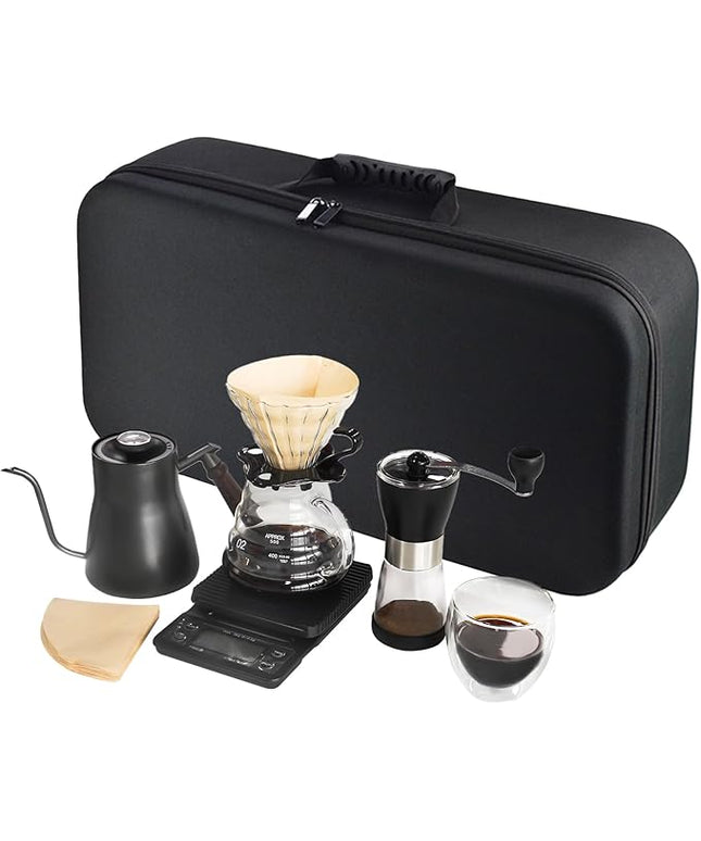 Pour Over Coffee Maker Set, Portable coffee Set - Manual Coffee Grinder, Coffee Dripper Set, Gooseneck Kettle，two cups, suitable for Camping, RV, Home, and Office