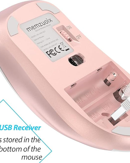 memzuoix 2.4G Wireless Mouse, 1400 DPI Computer Mice with USB Receiver, Portable Wireless USB Mouse Battery Powered Cordless Mice for Laptop, PC, Desktop, 5 Buttons (White Pink)