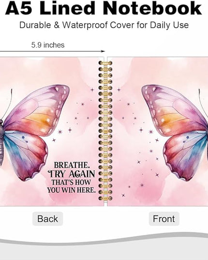 Breathe Try Again That's How You Win Spiral Notebook, Pink Butterfly Notebook for Women, Therapy Mental Health Journal for Women, Inspirational Birthday Gifts for Women Friends Sisters Boss BFF