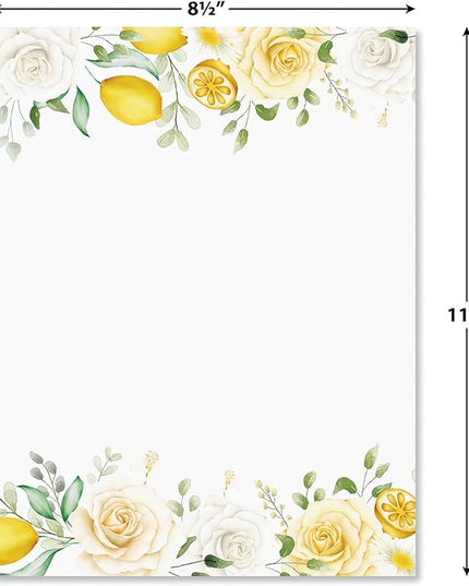 Current Lemon Floral Letter Paper - Spring Stationery Papers With Decorative Flowers and Lemon Border, Printable Holiday, Wedding & Bridal Shower, & Invitation Sheets, Set of 25, 8 1/2" x 11"