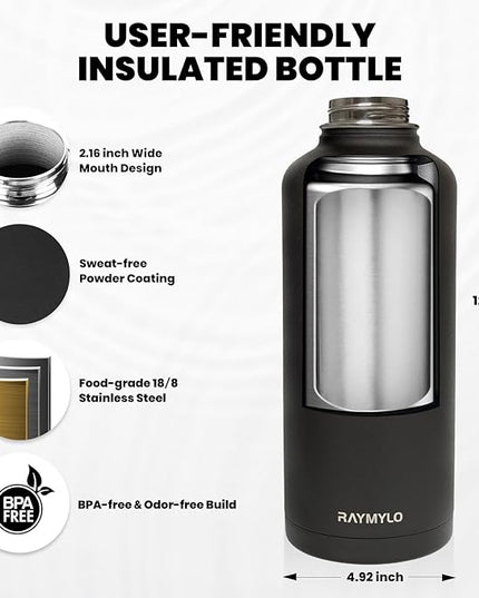 Insulated Water Bottle 87 oz, Triple Wall Vacuum Stainless Steel (Cold for 48 Hrs), Leak Proof & Non-BPA, Modern Water Flask Jug with Paracord Handle & Straw Spout Lids, Magic Black