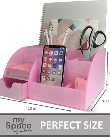 Pink Desk Organizer Office, Acrylic, with Drawer, 9 Compartments, Supplies and Cool Desk Accessories Organizer, Desktop Pen Holder (Pink)