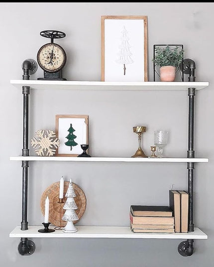 Industrial Pipe Shelving Rustic White Pipe Wall Shelves Bathroom Shelves with Wood Planks Industrial Floating Shelves 30 Inch Farmhouse Bookshelf Pipe Shelves Wall Mounted