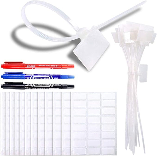 Glarks 200-Pieces 6 Inch Nylon Cable Marker Ties Self-locking Cord Tags Write on Ethernet Label Wire Straps with 3 Marker Pens and 288Pcs White Self-Adhesive Cable Labels for Home and Office Use