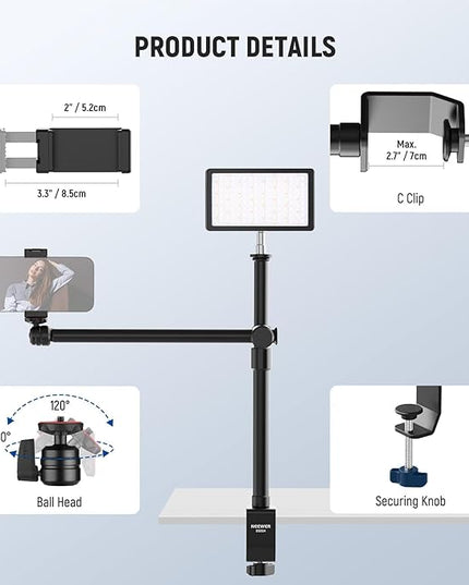 NEEWER Overhead Camera Desk Mount with Swivel Boom Arm, 1/4" Ball Head, Phone Holder & C Clamp, 22"/55.5cm Adjustable Webcam Mic Stand for LED Light Microphone Streaming Zoom Video Recording, DS024