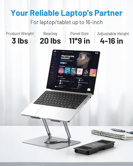 METFUT Laptop Cooling Stand with Detachable Thermoelectric Cooler, Adjustable Height & Angle, 360 Rotation Base, Carbon Steel Framework, Ultra-Quiet & Super Sturdy for up to 15.6” Laptop (Grey)