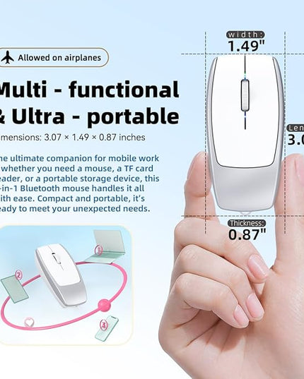 Mini Portable 2-in-1 Wireless Bluetooth Mouse & TF Card Reader - 8GB TF Card Included, Rechargeable, Type-C to USB Adapter, Ultra-Compact (78×38×22mm), Ideal for On-The-Go Work, Silver