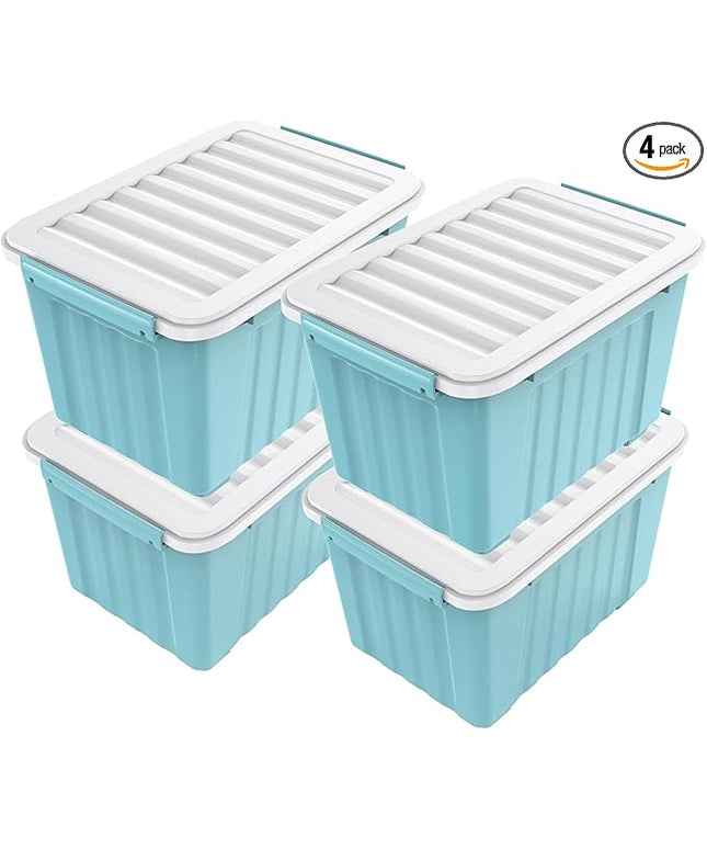 Nazhura 72 Quart Plastic Storage Bin, Stackable and Nestable Storage Boxes with Lids and Secure Latching Buckles, Large Storage Container (Blue, 72Quart-4Pack)