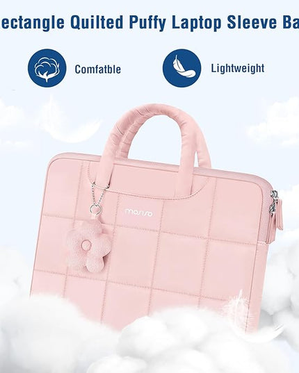 MOSISO Laptop Case 13.3 inch, 13-14 inch Puffy Laptop Sleeve Compatible with MacBook Air 13 13.6/Pro 13/Pro 14,HP Acer Dell ASUS Lenovo, Rectangle Quilted Computer Bag with Handle&Flower Pendant, Pink