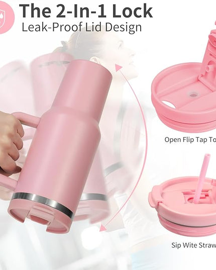 40oz Tumbler with Handle,Double Wall Vacuum Reusable Stainless Steel Insulated Water Bottle,With Leak Proof lid and Straw for Iced or Cold Beverages (light pink)