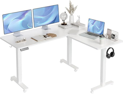 Claiks L Shaped Standing Desk Adjustable Height, Dual Motor Electric Corner Standing Desk, 63x55 inch Sit Stand up Desk with Splice Board, White