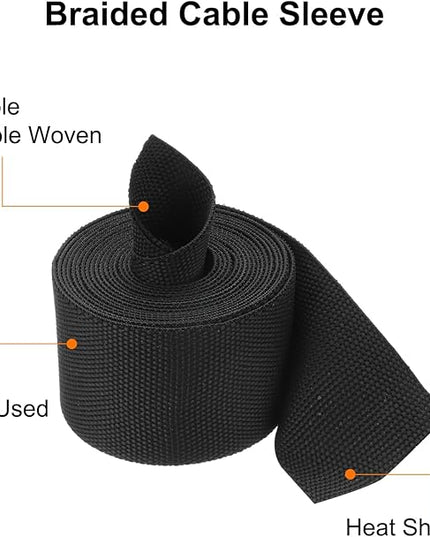 MECCANIXITY Braided Cable Sleeves Heat Shrinkable Fabric Sleeving, 1 1/4" 10ft Black 2:1 Ratio Heat Shrinkable Cord Protector for Harness Cable, Network Cable Protection, Cable Management