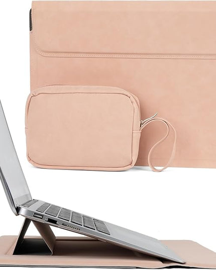 Allinside 13-14 Inch Laptop Sleeve Case for MacBook Pro 14" 2021-2024/MacBook Air 13" 2010-2017/MacBook Pro 13" 2010-2015, Waterproof PU Matte Leather Sleeve with Stand & Accessory Pouch, Pale Pink