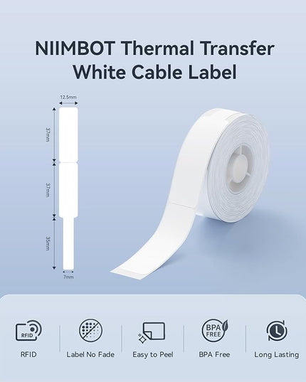 NIIMBOT B18/N1 Thermal Transfer Cable Labels 0.49" x 4.29" (12.5x109mm), Only for B18/N1 Label Maker, PET Material, Waterproof and High-Temperature Resistance, Long Storage Time,White