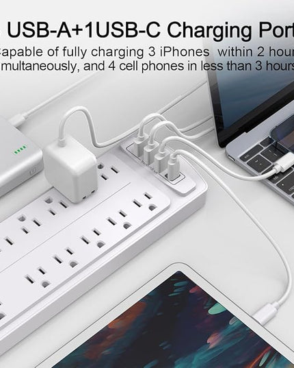 Power Strip,ALESTOR Surge Protector with 12 Outlets and 4 USB Ports, 6 Feet Extension Cord (1875W/15A) for for Home, Office, Dorm Essentials, 2700 Joules, ETL Listed (White)