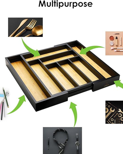 Cozee Bay Bamboo drawer organizer, utensil holder, silverware organizer, and adjustable cutlery tray with drawer dividers, for kitchen, office desk, and bathroom storage (Black)