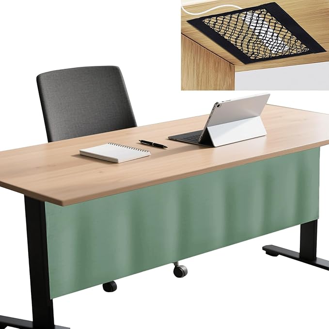 Icegrey 72" Under Desk Privacy Panel with Cable Management Organizer Net Self-Adhesive Modesty Panel for Cord Organizer Pockets and Desk Skirt for Home Office or Standing Workstation, Green