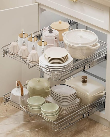 OCG 2 Tier Pull Out Cabinet Organizer (22.5" W x 21.5" D), Pull Out Drawers for Kitchen Cabinets, Pull Out Shelves for Base Cabinet Organization in Kitchen Bathroom Pantry, Chrome Finish