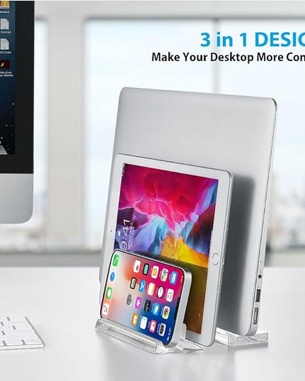 3-Slot Vertical Laptop Stand Laptop Holder for Desk Made of Premium Acrylic to Space-Saving for All Laptop/MacBook/Tablet/Phone (Transparent)