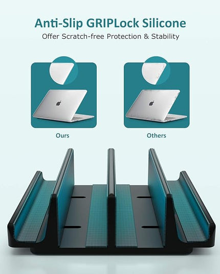 Vertical Laptop Stand - SPACEMax Adjustable GRIPLock Anti-Tip Silicone 4 Slots Aluminum Desktop Holder - Double Dock Stand - 2 Phone Slots Fits Up to 17.3” Laptops, Tablets, Phones - Black