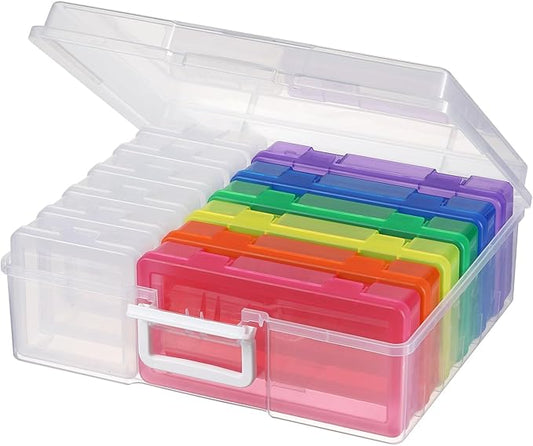 Novelinks Stackable Plastic Clear Storage Box Containers with Latching Lid - Art Craft Supply Organizer Storage Containers for Pencil Box,Crayon, Jewelry (6 Pack Medium Colorful+6 Pack Small Clear)