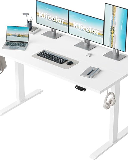 Klicelor 55 Inch Large Electric Standing Desk, Height Adjustable Office Desk, Sit Stand Up Computer Gaming Desk with Memory Preset, Two-Piece Desktop, White