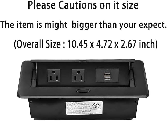 UL Listed Power Strip, Kungfuking Pop Up Power Cover Box Desktop Socket with Dual USB Charging Ports, Stainless Steel Receptacle Outlet for Conference Room Countertop (Black)