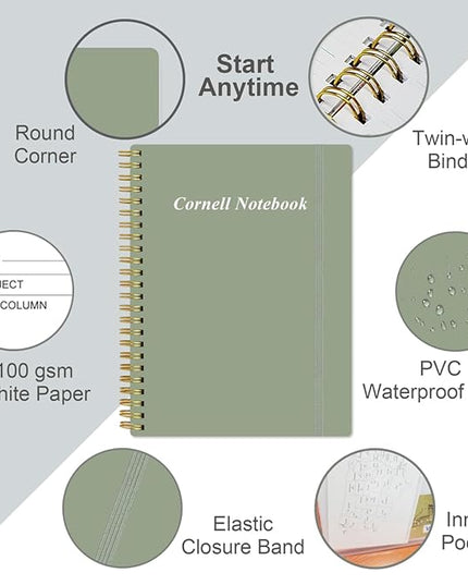 Yaridar A4 Cornell Notes Notebook - College Spiral Cornell Notebooks for Note Taking, Subject Ruled Steno Pads for Office/School/College/Home, 8.5" x 11", Green