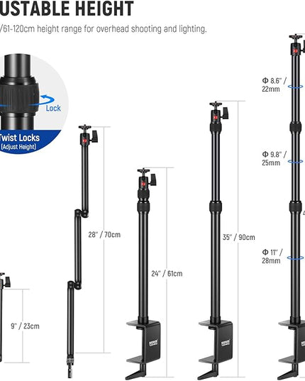 NEEWER Upgraded Overhead Camera Rig with Trifold Camera Boom Arm (Max Load 2lb), 47"/1.2m Telescopic Desk Mount Stand (Max Load 8.8lb) with Phone Clamp Ball Head for LED Light Webcam Mic, TL253A+MH022