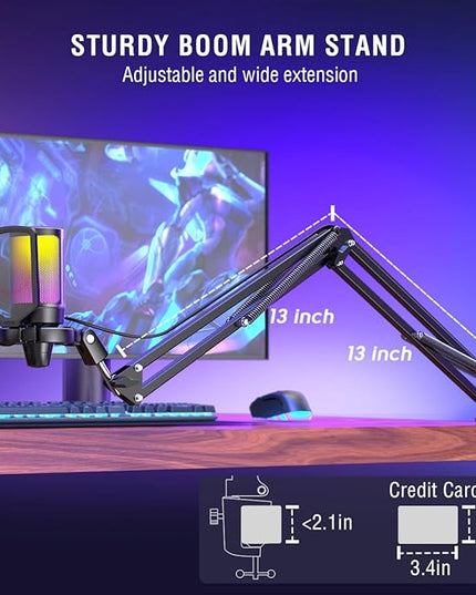 FIFINE Gaming PC USB Microphone, Podcast Condenser Mic with Boom Arm, Pop Filter, Mute Button for Streaming, Twitch, Online Chat, RGB Computer Mic for PS4/5 PC Gamer Youtuber-AmpliGame A6T