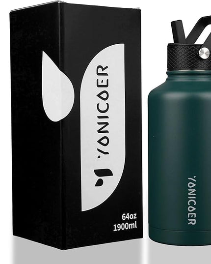 Insulated Water Bottle 64oz,Triple Wall Vacuum Stainless Steel(Dishwasher Safe),Leak Proof & Non-BPA,Flask Jug with Paracord Handle & Straw Spout Lids Sports Green