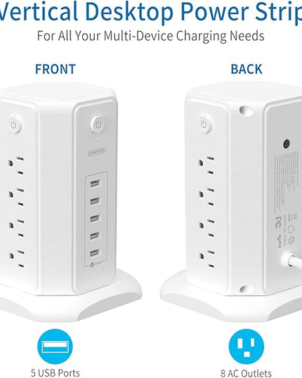 Power Strip Tower Surge Protector, NTONPOWER 8 Outlet 5 USB Desktop Charging Station 1625W 13A, 6ft Extension Cord Flat Plug, Individual Switches, 1080 Joules, Overload Protection for Home Office