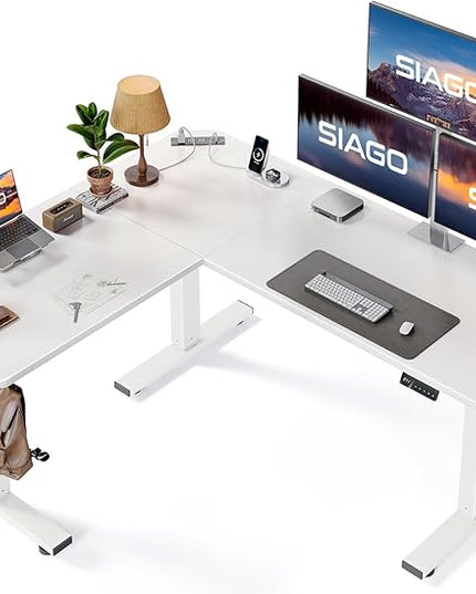 SIAGO L-Shaped Standing Desk - 63 x 55 Inch Adjustable Corner Standing Desk with Charging Station - L Shape Sit Stand Table with Memory Controller, Splice Board for Home Office