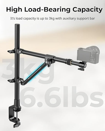 SMALLRIG Triangle Camera Desk Mount, Max. Load 3kg/ 6.6lbs, Overhead Mount with Auxiliary Support Rod, with Phone Holder and Small Ball Head for Camera/Phone/Light/Webcam